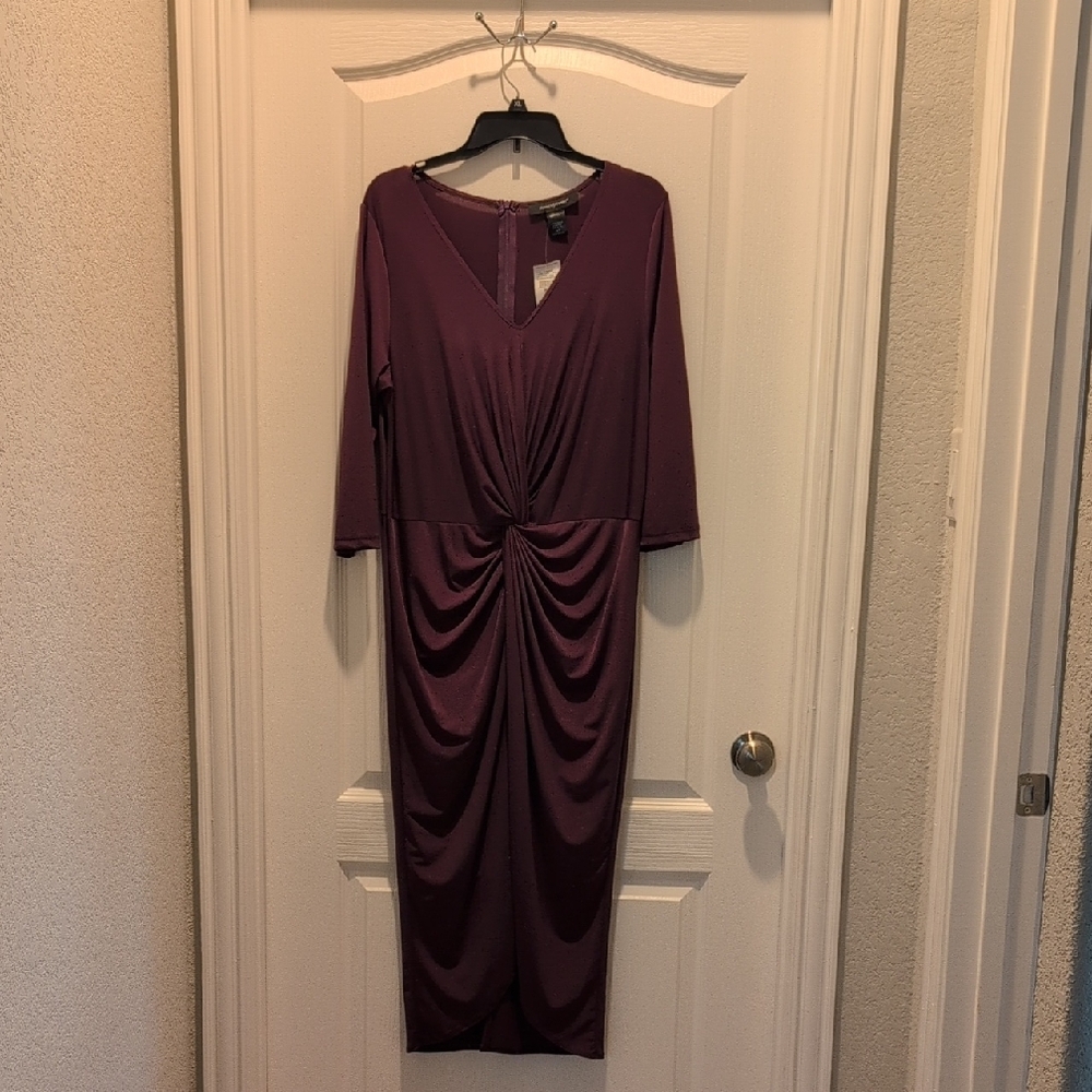 Ashley Stewart Purple Ruched Sheath Dress V-Neck Long Sleeve